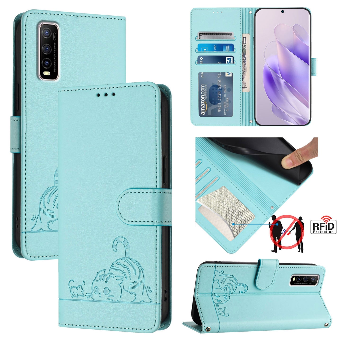 vivo Y70S Cat & Rat Embossed RFID Leather Case, Lanyard, Wallet, Card Slots, Kickstand, Anti-Fall, Scratch-Resistant