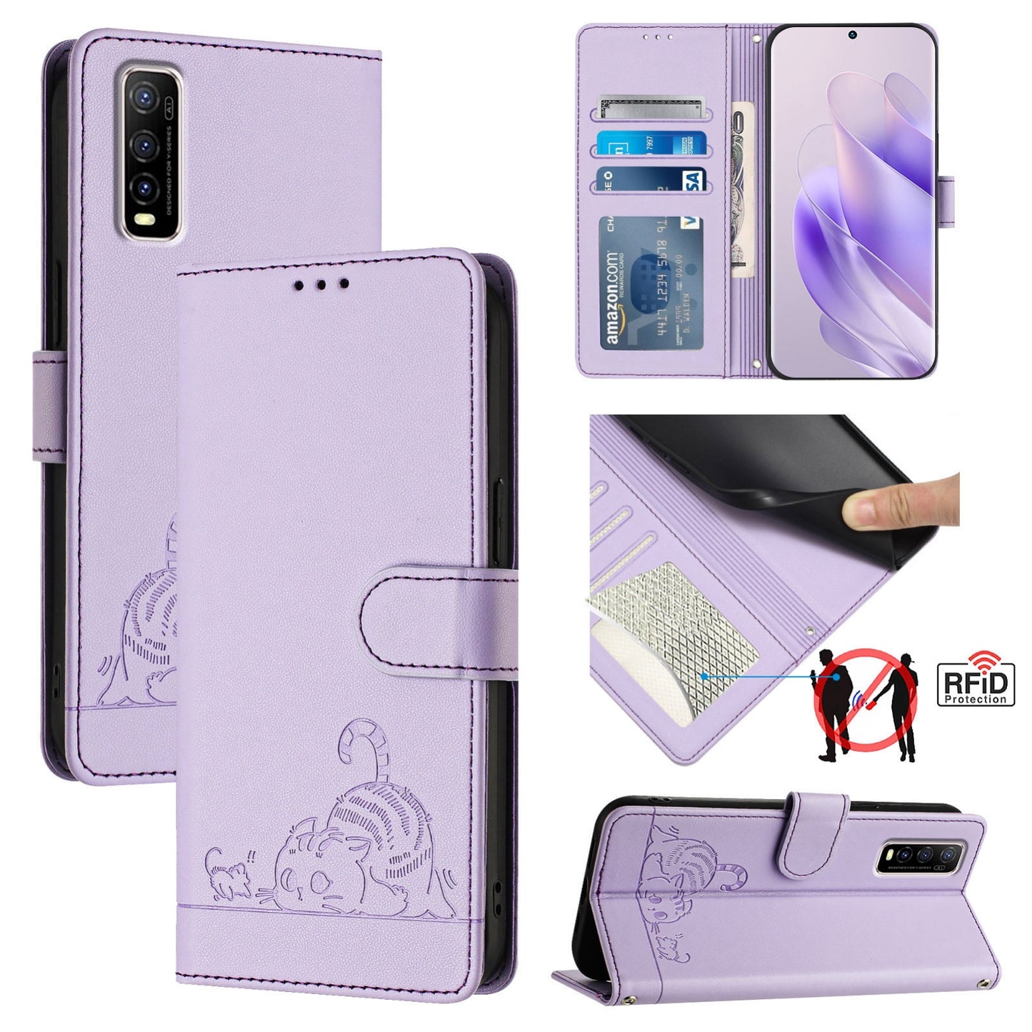 vivo Y70S Cat & Rat Embossed RFID Leather Case, Lanyard, Wallet, Card Slots, Kickstand, Anti-Fall, Scratch-Resistant
