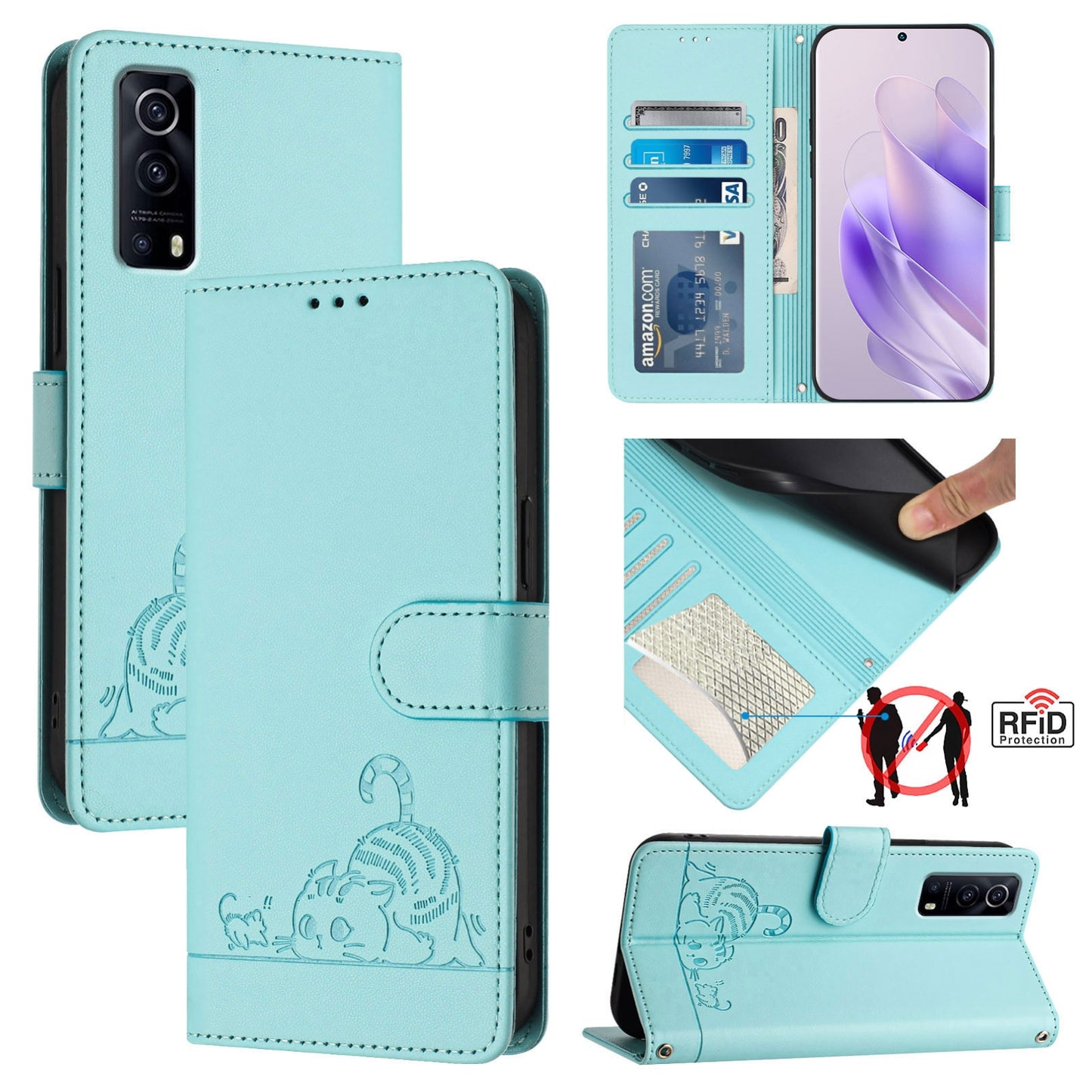 vivo iQOO Z3 Cat & Rat Embossed RFID Leather Case, Lanyard, Wallet, Card Slots, Kickstand, Anti-Fall, Scratch-Resistant