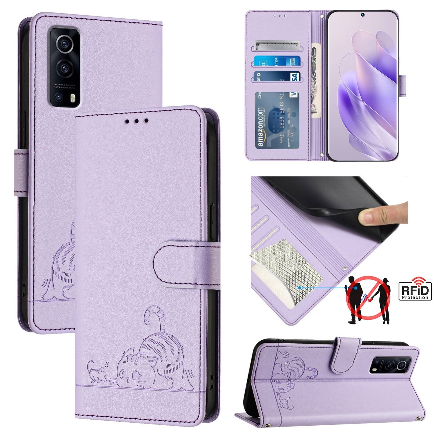 vivo Y72 5G Cat & Rat Embossed RFID Leather Case, Lanyard, Wallet, Card Slots, Kickstand, Anti-Fall, Scratch-Resistant