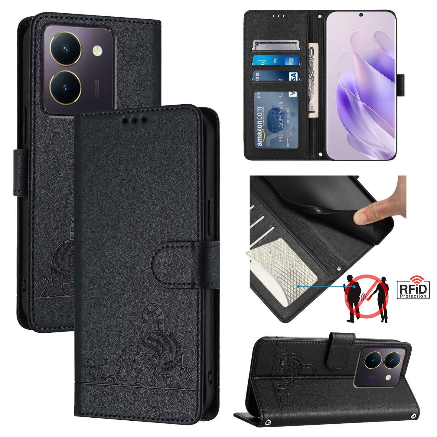 vivo Y36 5G Global Cat & Rat Embossed RFID Leather Case, Lanyard, Wallet, Card Slots, Kickstand, Anti-Fall, Scratch-Resistant