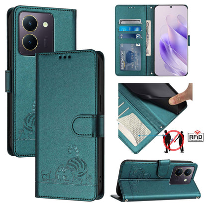 vivo Y36 4G Global Cat & Rat Embossed RFID Leather Case, Lanyard, Wallet, Card Slots, Kickstand, Anti-Fall, Scratch-Resistant