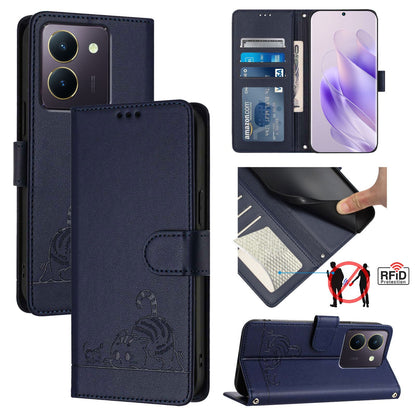 vivo Y36 4G Global Cat & Rat Embossed RFID Leather Case, Lanyard, Wallet, Card Slots, Kickstand, Anti-Fall, Scratch-Resistant