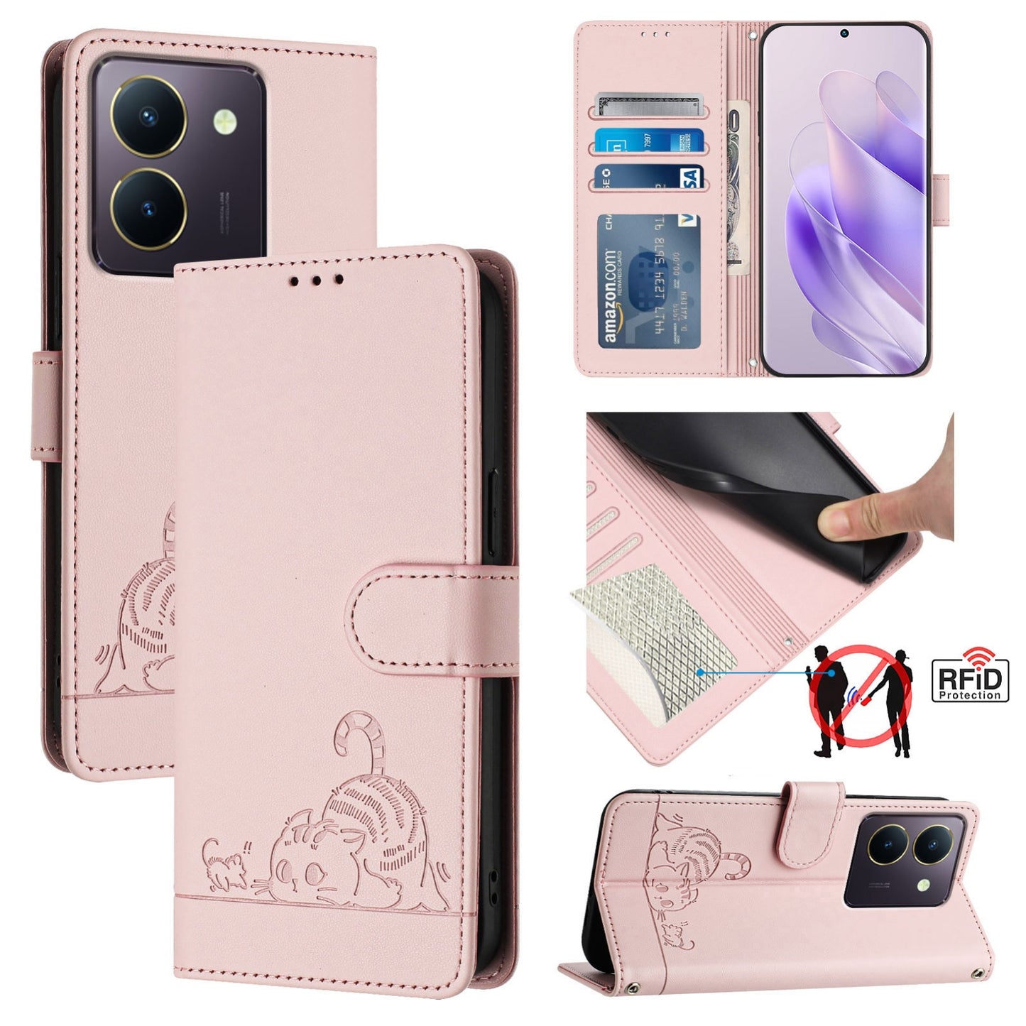 vivo Y27S 4G Global Cat & Rat Embossed RFID Leather Case, Lanyard, Wallet, Card Slots, Kickstand, Anti-Fall, Scratch-Resistant