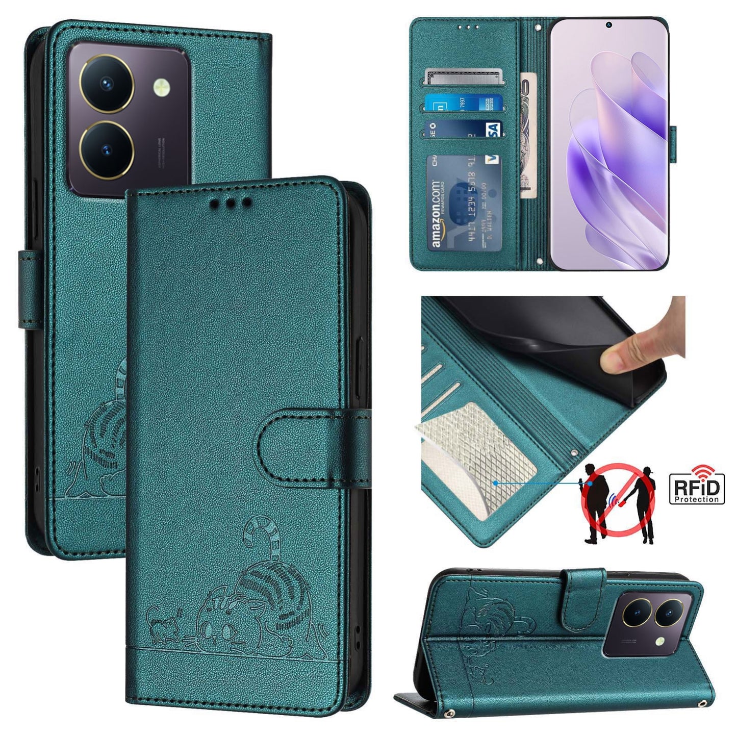 vivo Y27S 4G Global Cat & Rat Embossed RFID Leather Case, Lanyard, Wallet, Card Slots, Kickstand, Anti-Fall, Scratch-Resistant