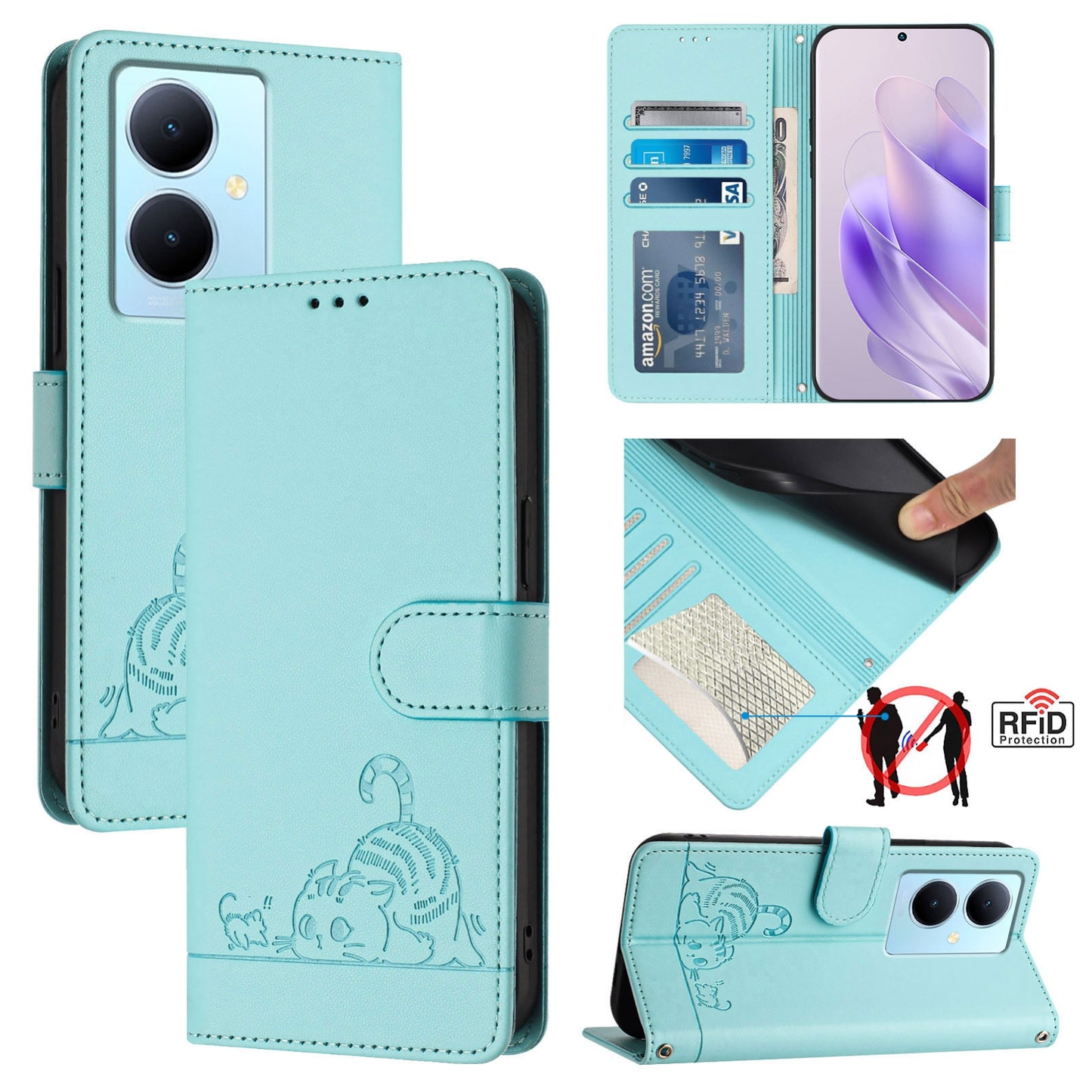 vivo V29 Lite Cat & Rat Embossed RFID Leather Case, Lanyard, Wallet, Card Slots, Kickstand, Anti-Fall, Scratch-Resistant