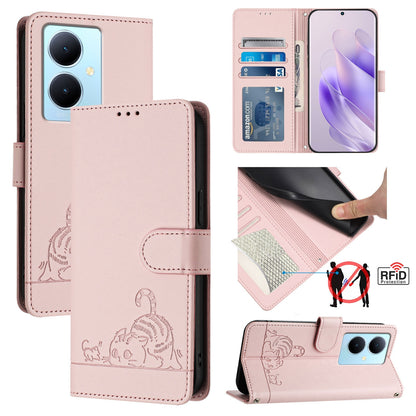 vivo V29 Lite Cat & Rat Embossed RFID Leather Case, Lanyard, Wallet, Card Slots, Kickstand, Anti-Fall, Scratch-Resistant