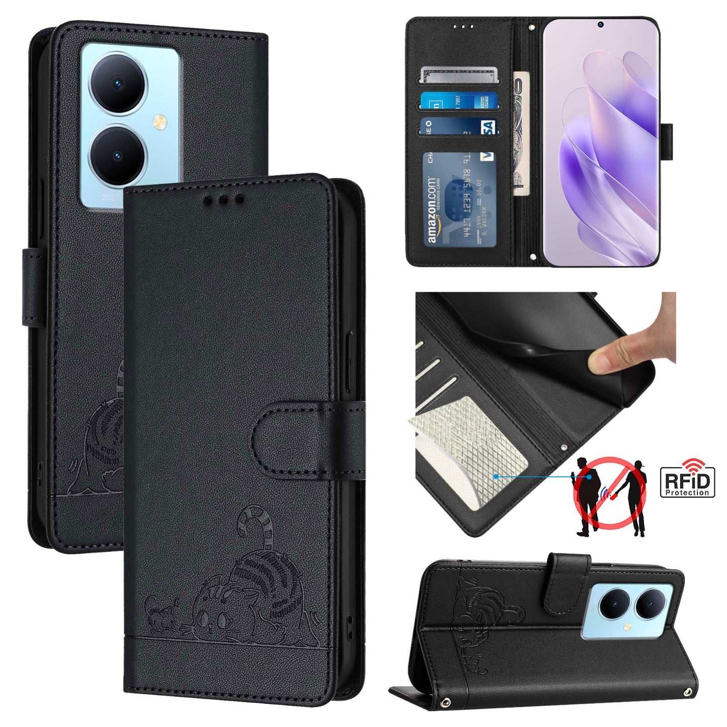 vivo V29 Lite Cat & Rat Embossed RFID Leather Case, Lanyard, Wallet, Card Slots, Kickstand, Anti-Fall, Scratch-Resistant