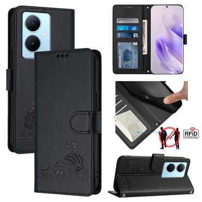 vivo V29 Lite Cat & Rat Embossed RFID Leather Case, Lanyard, Wallet, Card Slots, Kickstand, Anti-Fall, Scratch-Resistant