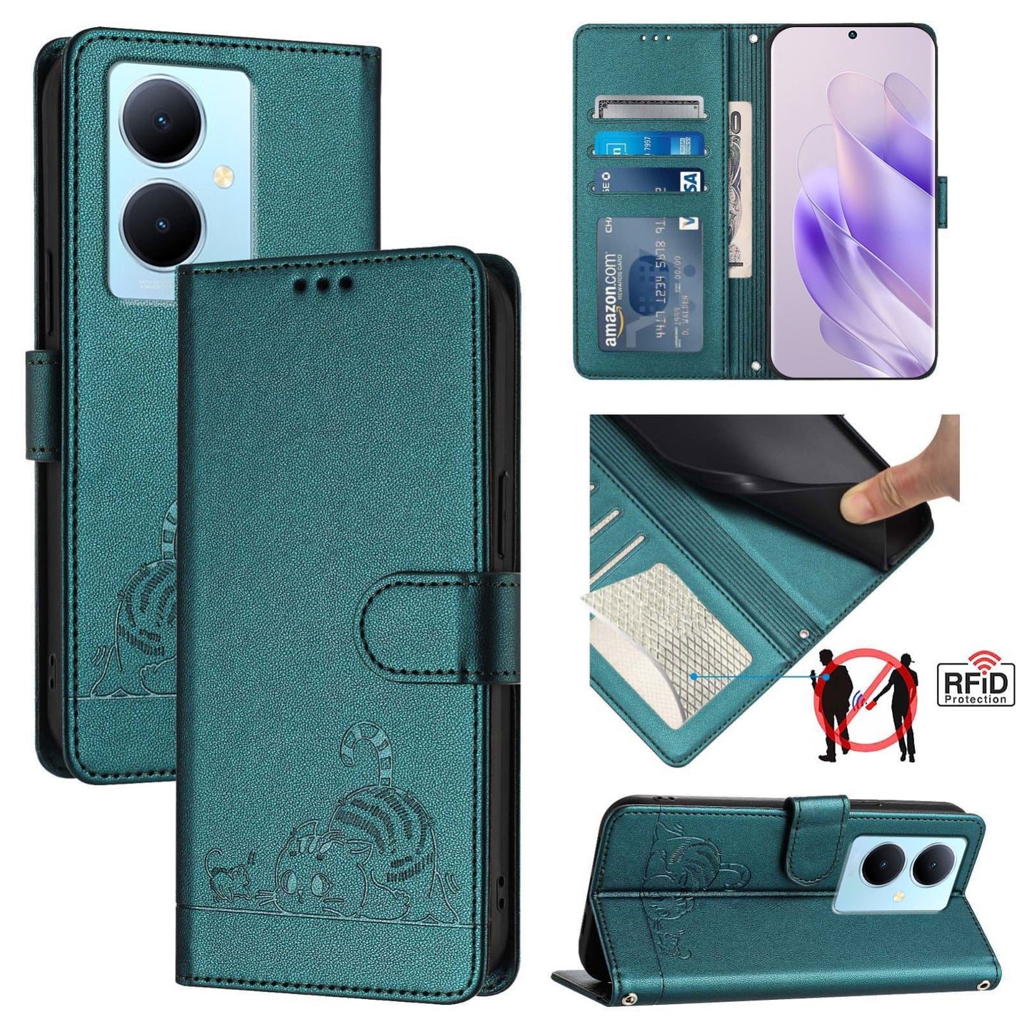 vivo V29 Lite Cat & Rat Embossed RFID Leather Case, Lanyard, Wallet, Card Slots, Kickstand, Anti-Fall, Scratch-Resistant