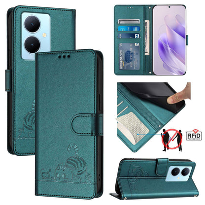 vivo V29 Lite Cat & Rat Embossed RFID Leather Case, Lanyard, Wallet, Card Slots, Kickstand, Anti-Fall, Scratch-Resistant