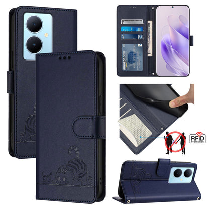 vivo V29 Lite Cat & Rat Embossed RFID Leather Case, Lanyard, Wallet, Card Slots, Kickstand, Anti-Fall, Scratch-Resistant