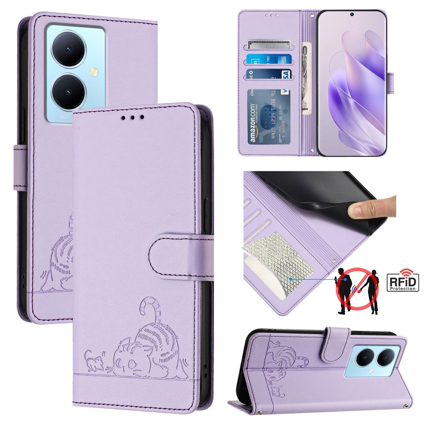 vivo V29 Lite Cat & Rat Embossed RFID Leather Case, Lanyard, Wallet, Card Slots, Kickstand, Anti-Fall, Scratch-Resistant