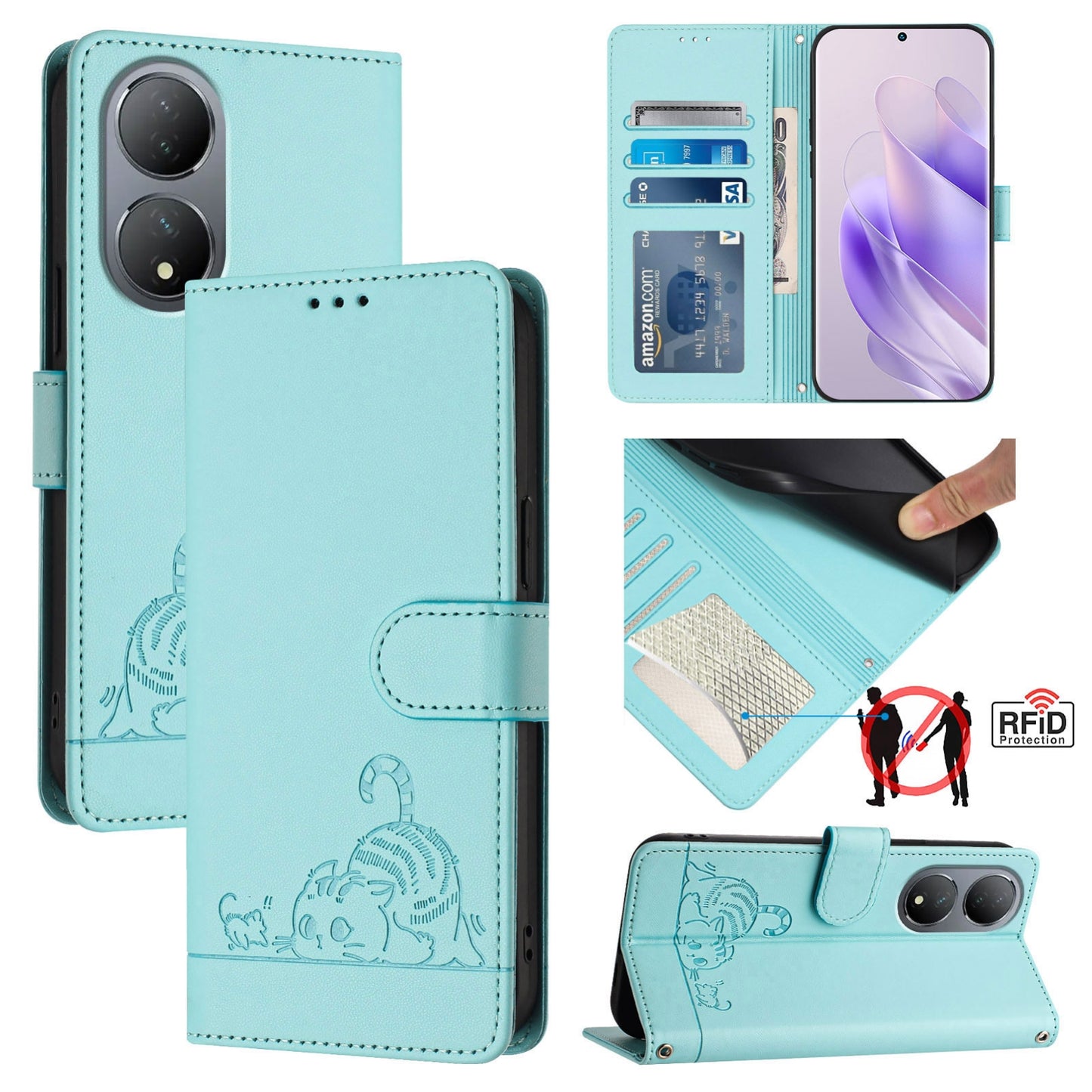 vivo Y100 5G Global Cat & Rat Embossed RFID Leather Case, Lanyard, Wallet, Card Slots, Kickstand, Anti-Fall, Scratch-Resistant