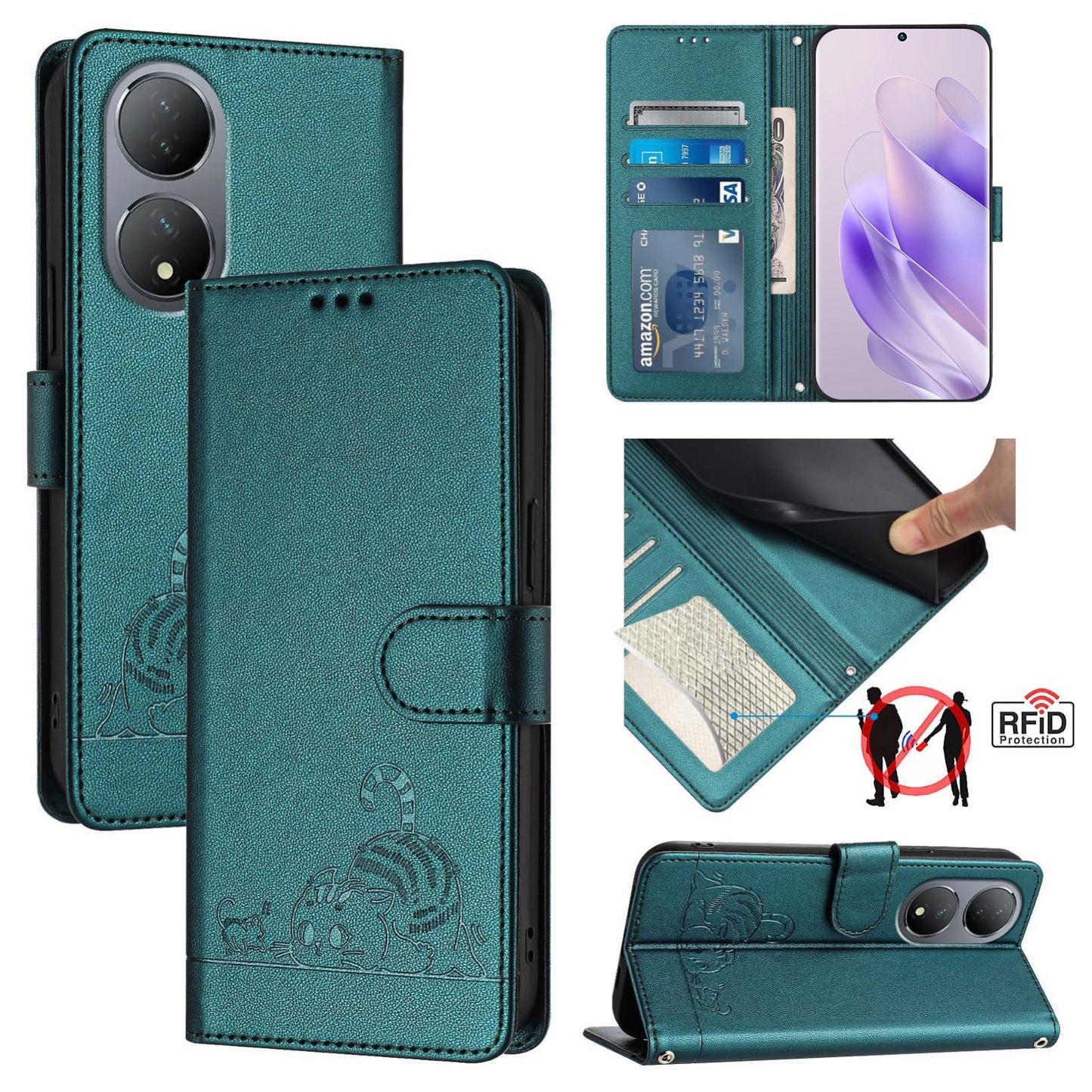 vivo Y100 5G Global Cat & Rat Embossed RFID Leather Case, Lanyard, Wallet, Card Slots, Kickstand, Anti-Fall, Scratch-Resistant
