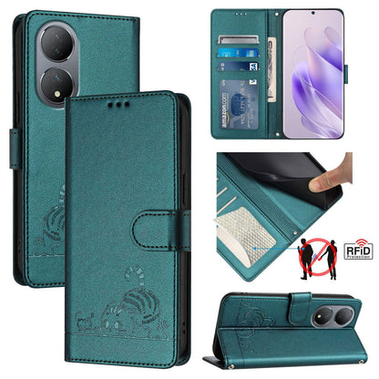 vivo Y100 5G Global Cat & Rat Embossed RFID Leather Case, Lanyard, Wallet, Card Slots, Kickstand, Anti-Fall, Scratch-Resistant