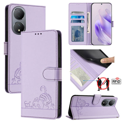 vivo Y100 5G Global Cat & Rat Embossed RFID Leather Case, Lanyard, Wallet, Card Slots, Kickstand, Anti-Fall, Scratch-Resistant