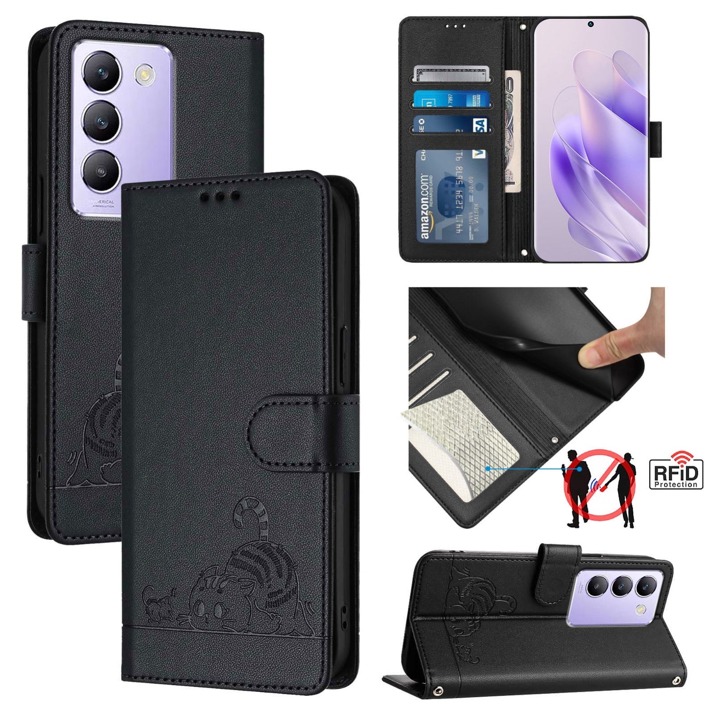 vivo Y100 5G IDN Cat & Rat Embossed RFID Leather Case, Lanyard, Wallet, Card Slots, Kickstand, Anti-Fall, Scratch-Resistant