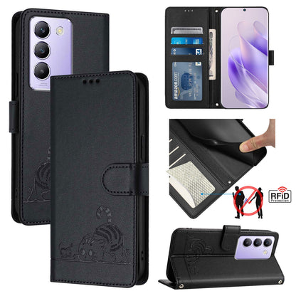 vivo Y100 5G IDN Cat & Rat Embossed RFID Leather Case, Lanyard, Wallet, Card Slots, Kickstand, Anti-Fall, Scratch-Resistant