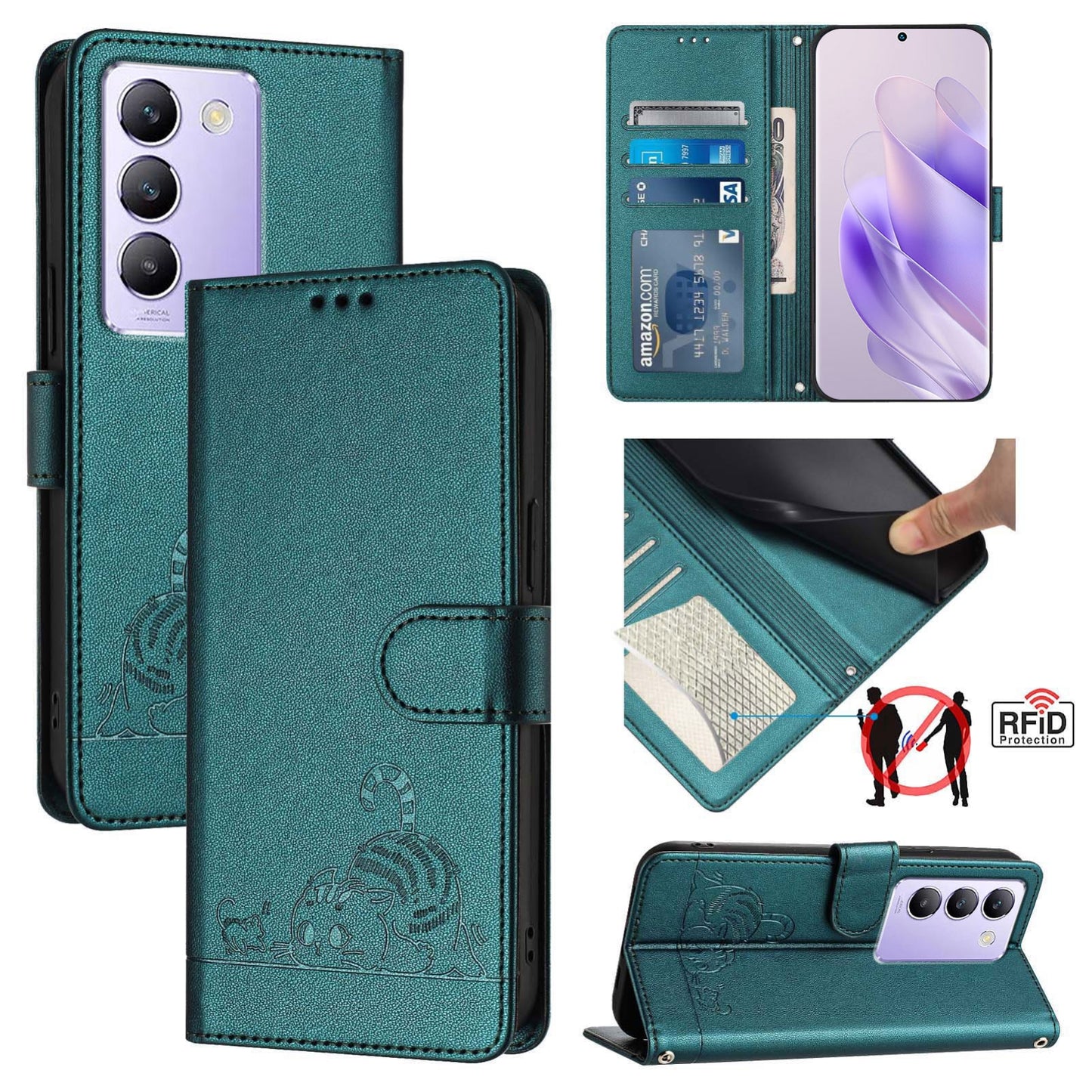 vivo Y100 5G IDN Cat & Rat Embossed RFID Leather Case, Lanyard, Wallet, Card Slots, Kickstand, Anti-Fall, Scratch-Resistant