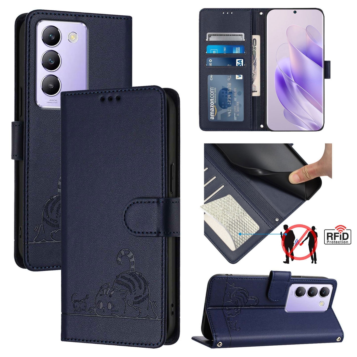 vivo Y100 5G IDN Cat & Rat Embossed RFID Leather Case, Lanyard, Wallet, Card Slots, Kickstand, Anti-Fall, Scratch-Resistant