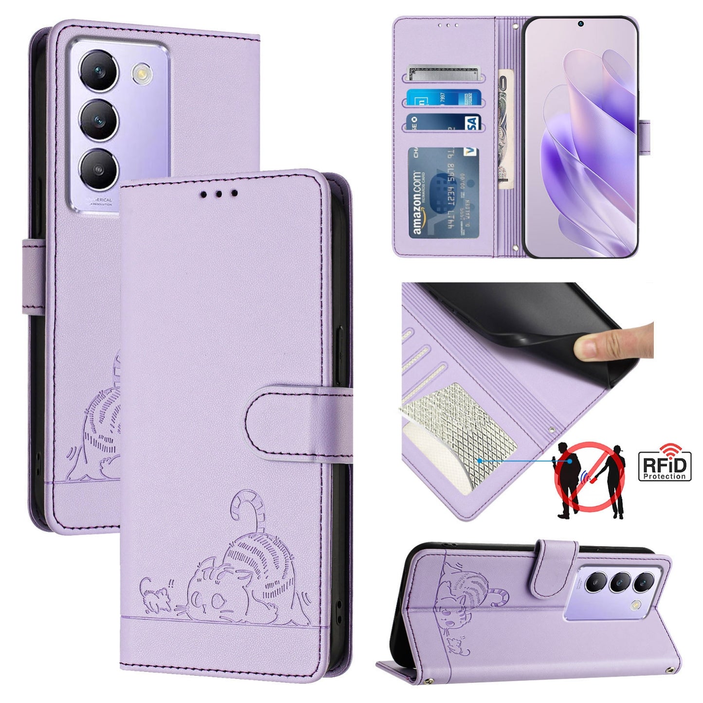 vivo Y100 5G IDN Cat & Rat Embossed RFID Leather Case, Lanyard, Wallet, Card Slots, Kickstand, Anti-Fall, Scratch-Resistant