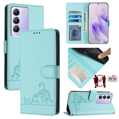 vivo Y200E 5G Global Cat & Rat Embossed RFID Leather Case, Lanyard, Wallet, Card Slots, Kickstand, Anti-Fall, Scratch-Resistant