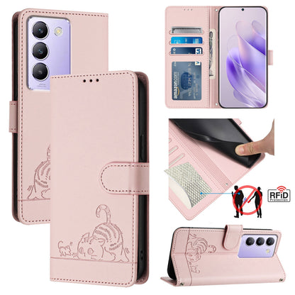 vivo Y200E 5G Global Cat & Rat Embossed RFID Leather Case, Lanyard, Wallet, Card Slots, Kickstand, Anti-Fall, Scratch-Resistant