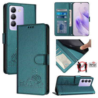 vivo Y200E 5G Global Cat & Rat Embossed RFID Leather Case, Lanyard, Wallet, Card Slots, Kickstand, Anti-Fall, Scratch-Resistant