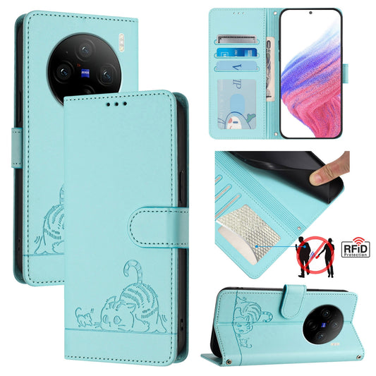 vivo X100 Cat & Rat Embossed RFID Leather Case, Lanyard, Wallet, Card Slots, Kickstand, Anti-Fall, Scratch-Resistant