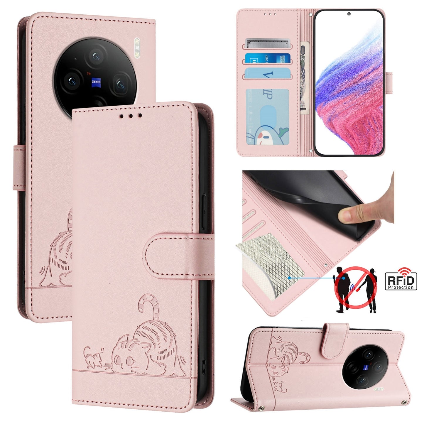 vivo X100 Cat & Rat Embossed RFID Leather Case, Lanyard, Wallet, Card Slots, Kickstand, Anti-Fall, Scratch-Resistant