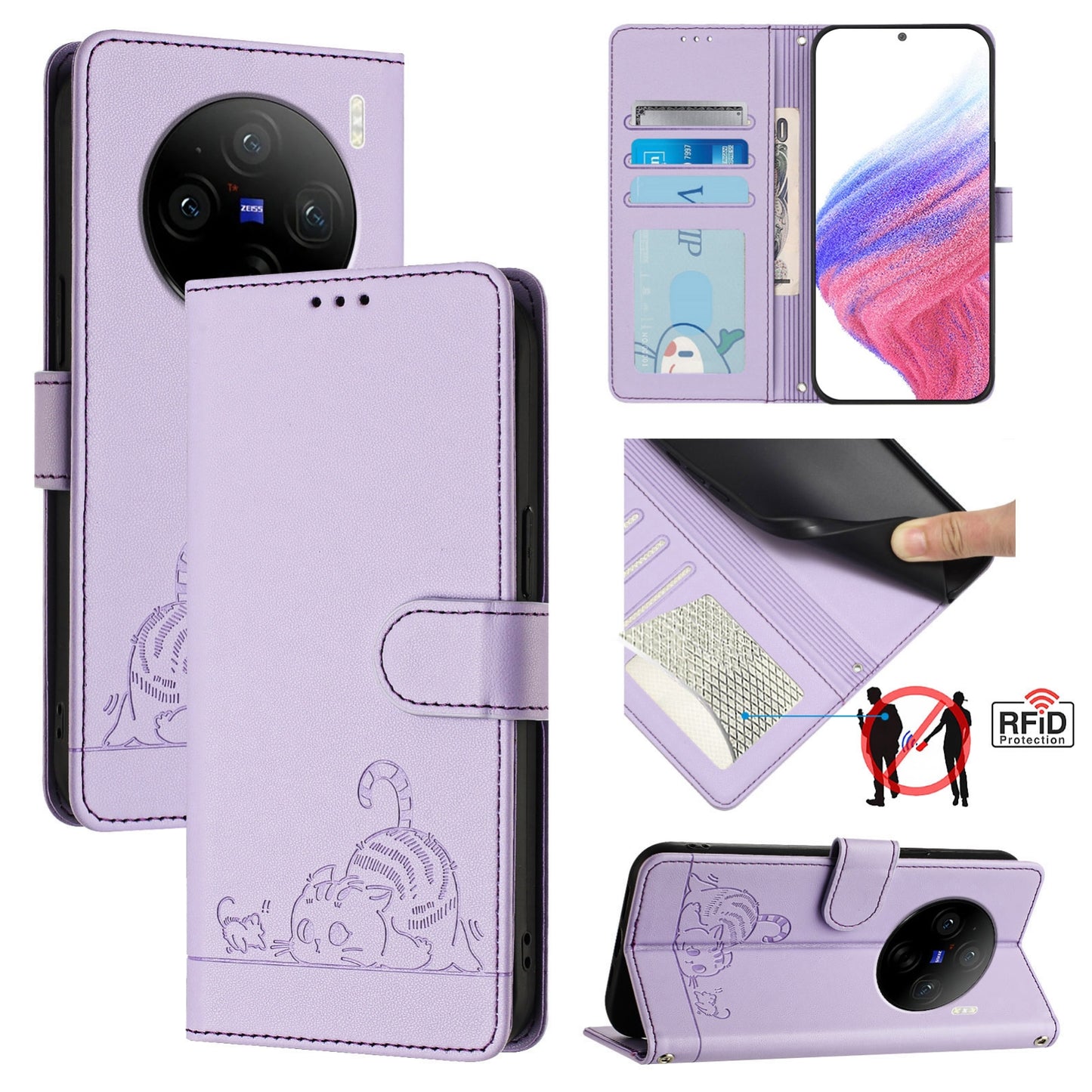 vivo X100 Cat & Rat Embossed RFID Leather Case, Lanyard, Wallet, Card Slots, Kickstand, Anti-Fall, Scratch-Resistant