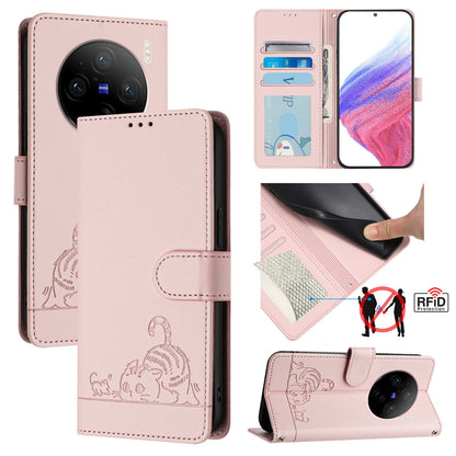 vivo X100 Pro 5G Cat & Rat Embossed RFID Leather Case, Lanyard, Wallet, Card Slots, Kickstand, Anti-Fall, Scratch-Resistant