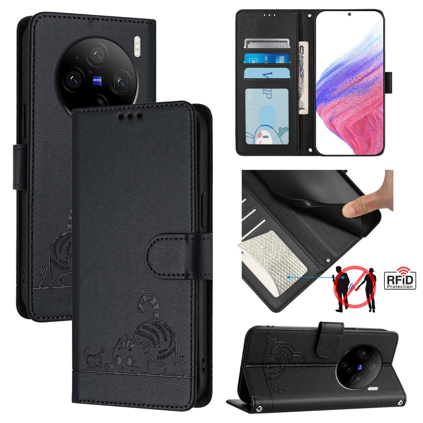 vivo X100 Pro 5G Cat & Rat Embossed RFID Leather Case, Lanyard, Wallet, Card Slots, Kickstand, Anti-Fall, Scratch-Resistant