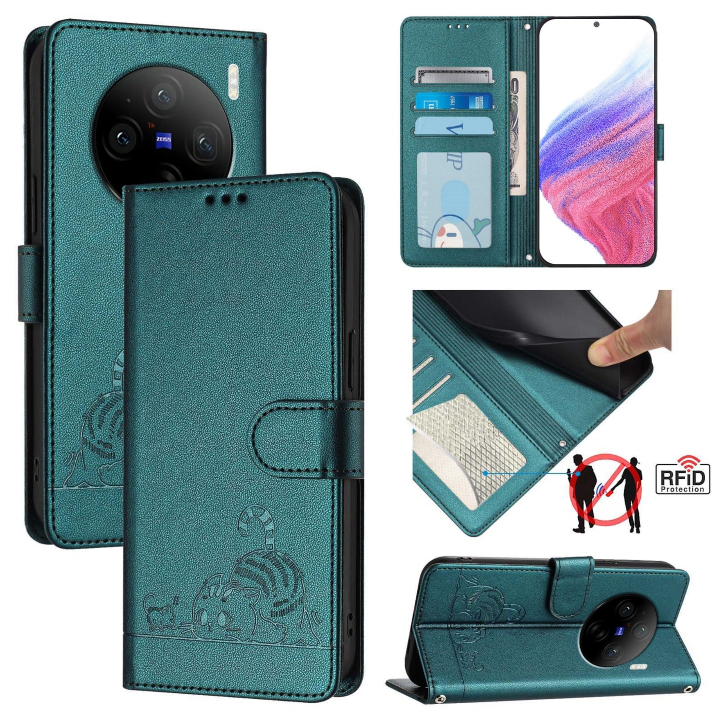 vivo X100 Pro 5G Cat & Rat Embossed RFID Leather Case, Lanyard, Wallet, Card Slots, Kickstand, Anti-Fall, Scratch-Resistant