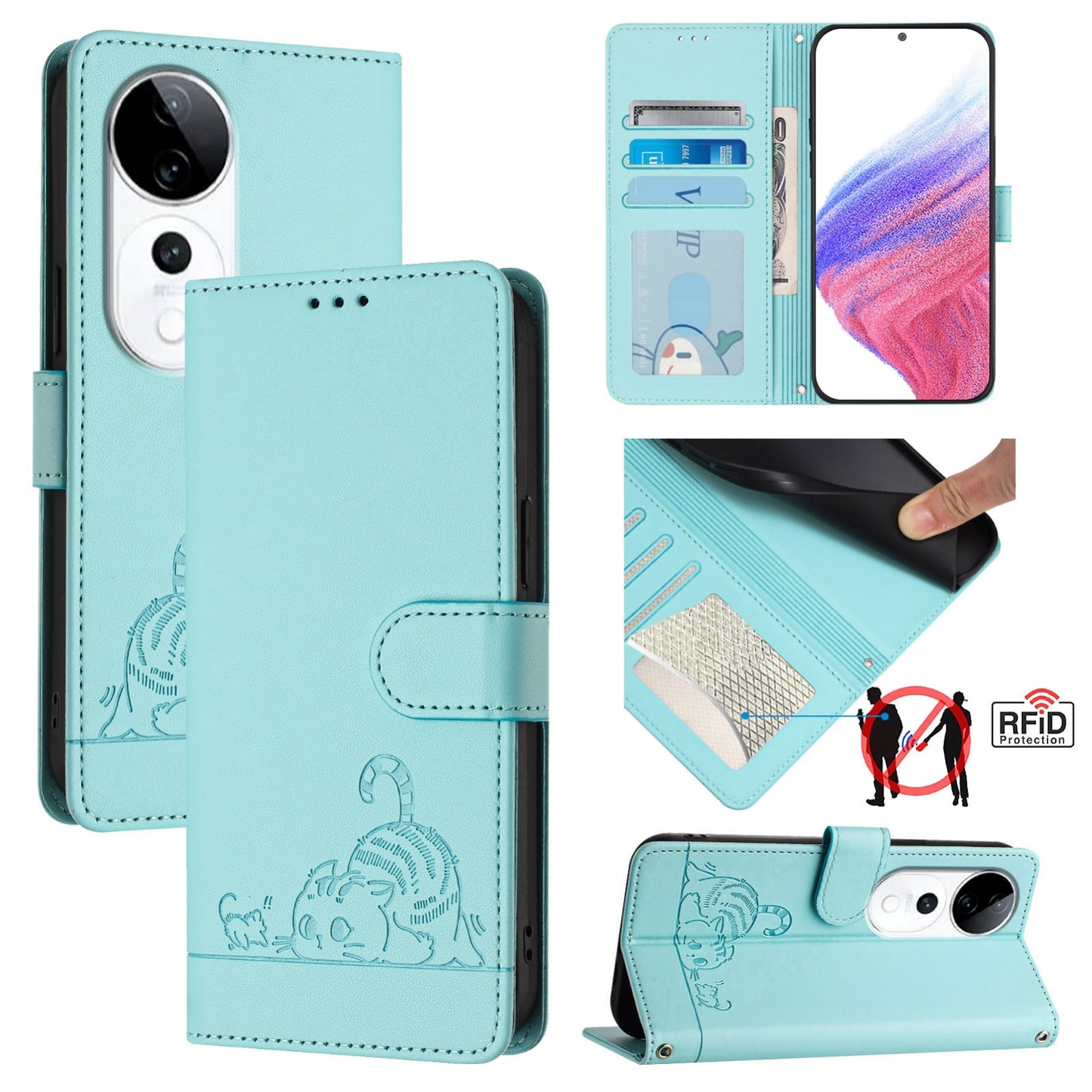 vivo S19 Pro Cat & Rat Embossed RFID Leather Case, Lanyard, Wallet, Card Slots, Kickstand, Anti-Fall, Scratch-Resistant