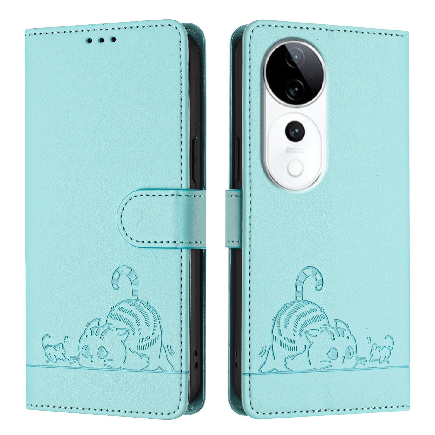 vivo S19 Pro Cat & Rat Embossed RFID Leather Case, Lanyard, Wallet, Card Slots, Kickstand, Anti-Fall, Scratch-Resistant