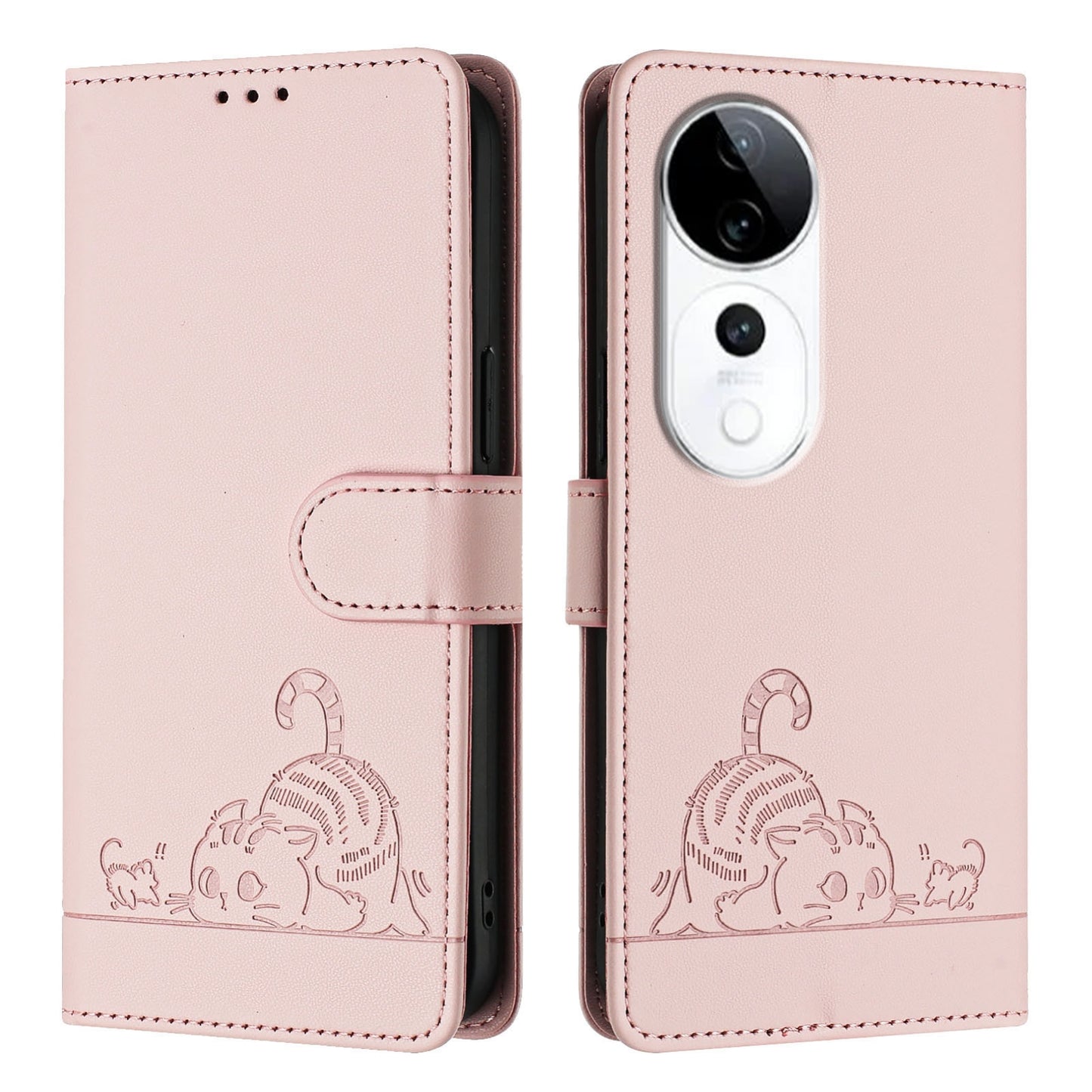 vivo S19 Pro Cat & Rat Embossed RFID Leather Case, Lanyard, Wallet, Card Slots, Kickstand, Anti-Fall, Scratch-Resistant
