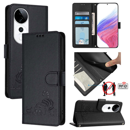 vivo S19 Pro Cat & Rat Embossed RFID Leather Case, Lanyard, Wallet, Card Slots, Kickstand, Anti-Fall, Scratch-Resistant