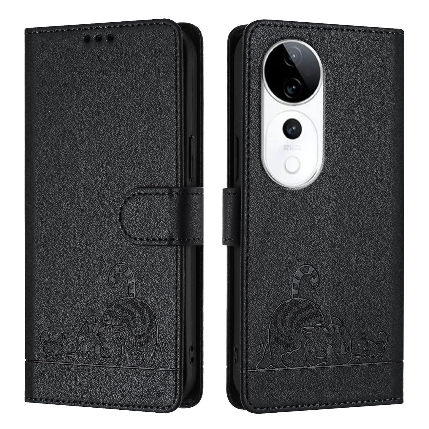 vivo S19 Pro Cat & Rat Embossed RFID Leather Case, Lanyard, Wallet, Card Slots, Kickstand, Anti-Fall, Scratch-Resistant