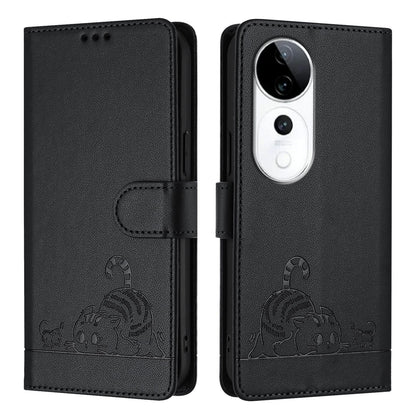 vivo S19 Pro Cat & Rat Embossed RFID Leather Case, Lanyard, Wallet, Card Slots, Kickstand, Anti-Fall, Scratch-Resistant