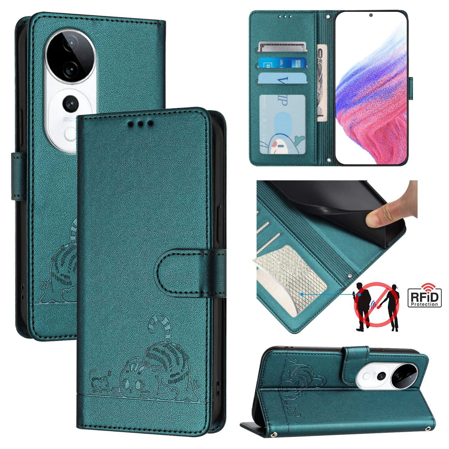 vivo S19 Pro Cat & Rat Embossed RFID Leather Case, Lanyard, Wallet, Card Slots, Kickstand, Anti-Fall, Scratch-Resistant