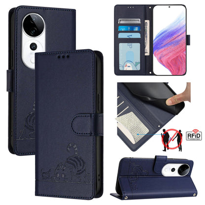 vivo S19 Pro Cat & Rat Embossed RFID Leather Case, Lanyard, Wallet, Card Slots, Kickstand, Anti-Fall, Scratch-Resistant