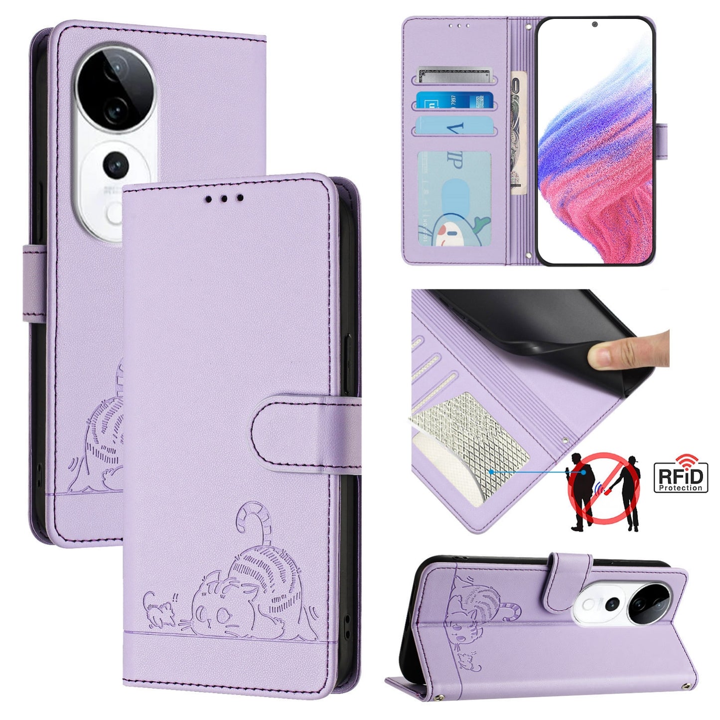 vivo S19 Pro Cat & Rat Embossed RFID Leather Case, Lanyard, Wallet, Card Slots, Kickstand, Anti-Fall, Scratch-Resistant