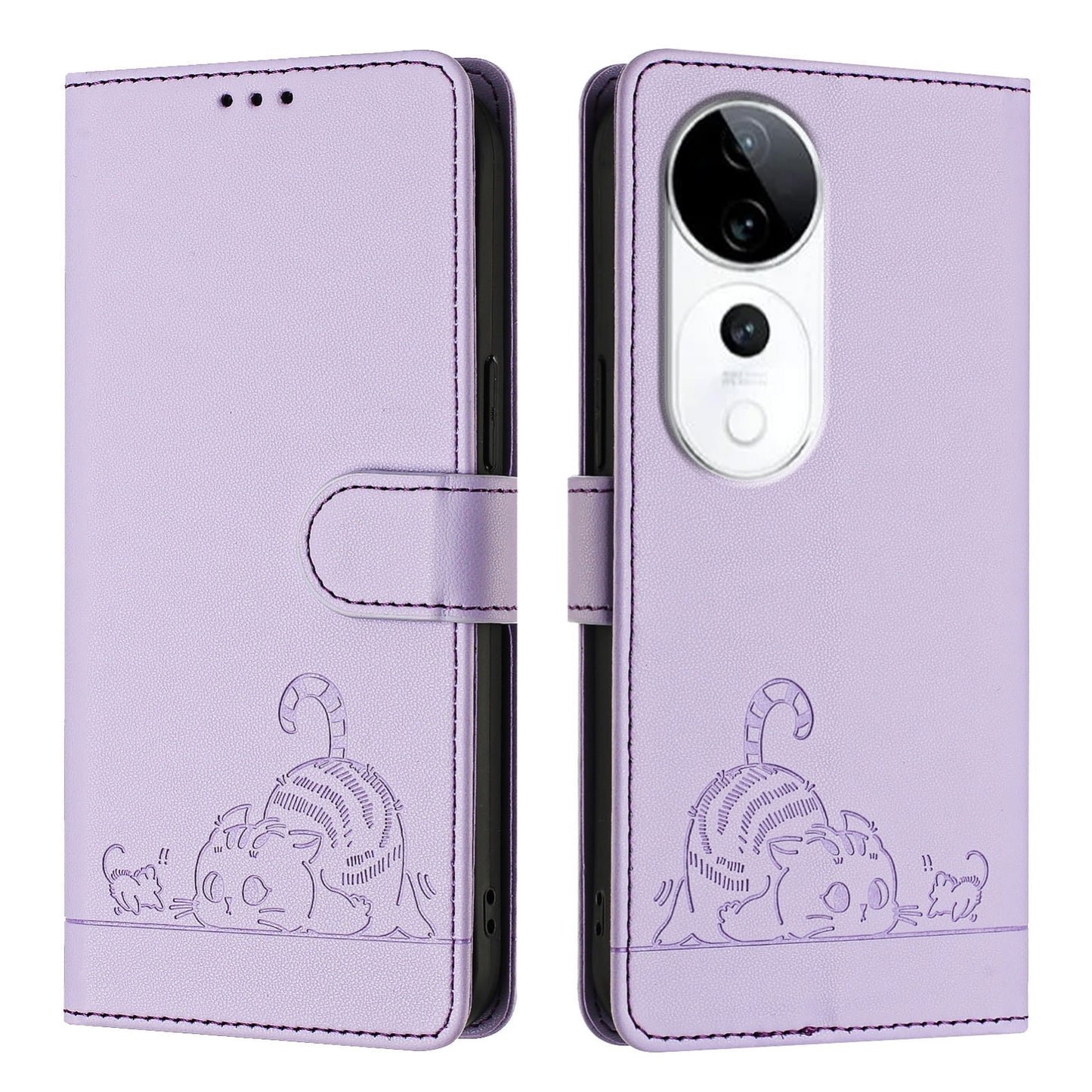 vivo S19 Pro Cat & Rat Embossed RFID Leather Case, Lanyard, Wallet, Card Slots, Kickstand, Anti-Fall, Scratch-Resistant