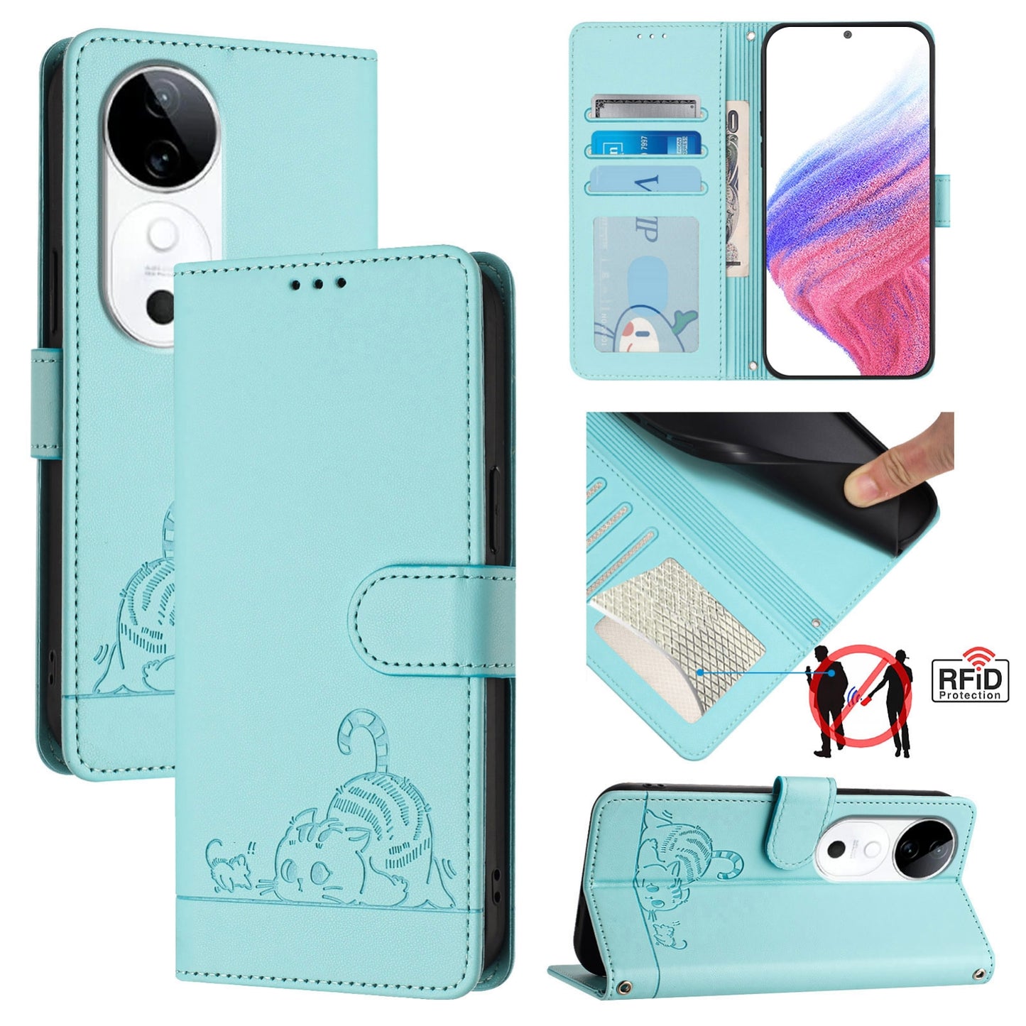 vivo S19 Cat & Rat Embossed RFID Leather Case, Lanyard, Wallet, Card Slots, Kickstand, Anti-Fall, Scratch-Resistant