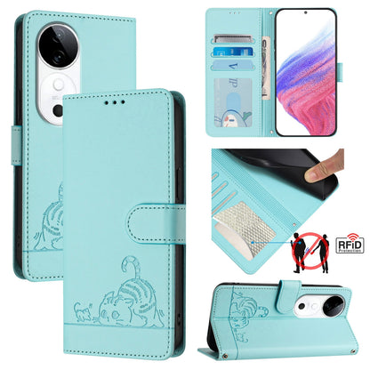 vivo S19 Cat & Rat Embossed RFID Leather Case, Lanyard, Wallet, Card Slots, Kickstand, Anti-Fall, Scratch-Resistant