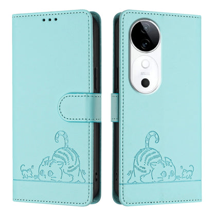 vivo S19 Cat & Rat Embossed RFID Leather Case, Lanyard, Wallet, Card Slots, Kickstand, Anti-Fall, Scratch-Resistant