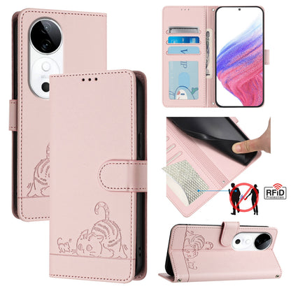 vivo S19 Cat & Rat Embossed RFID Leather Case, Lanyard, Wallet, Card Slots, Kickstand, Anti-Fall, Scratch-Resistant