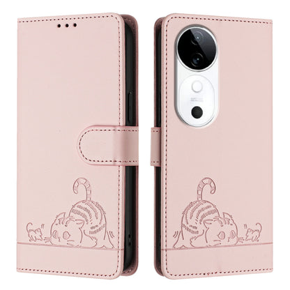 vivo S19 Cat & Rat Embossed RFID Leather Case, Lanyard, Wallet, Card Slots, Kickstand, Anti-Fall, Scratch-Resistant